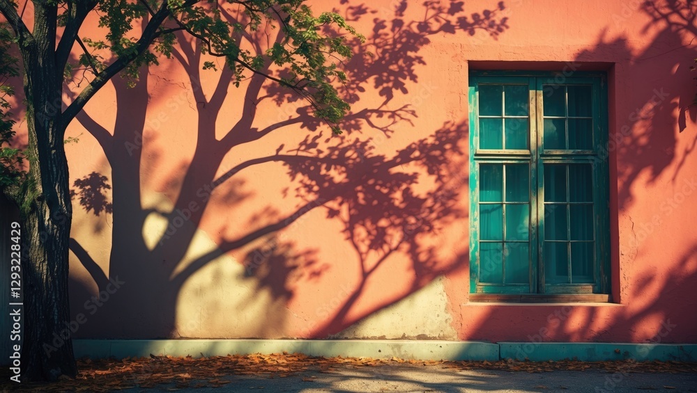 Poster tree shadow casting delicate patterns on a colorful wall featuring a vintage window in soft afternoo