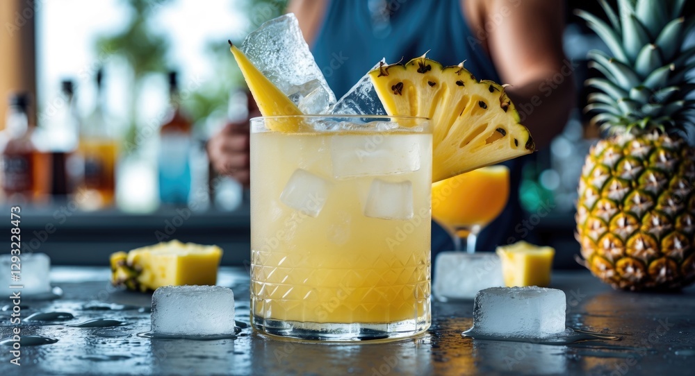 Poster refreshing summer cocktail with pineapple and ice on bar counter with selective focus and copy space