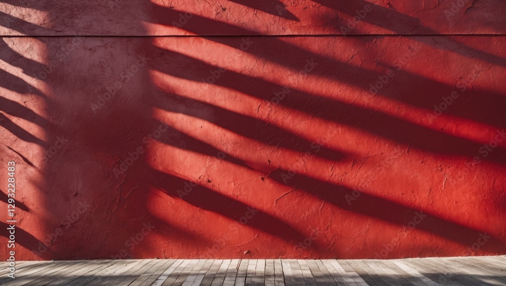 Poster textured red wall casting intricate waved shadows on a wooden floor in soft sunlight creating a vibr