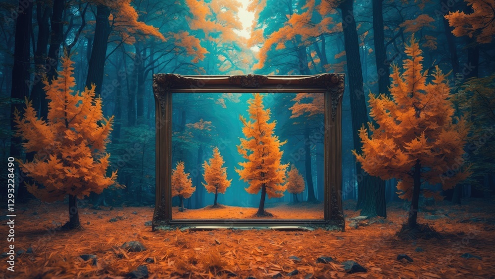 Poster autumn landscape with vibrant orange trees framed by an ornate picture frame creating a whimsical na