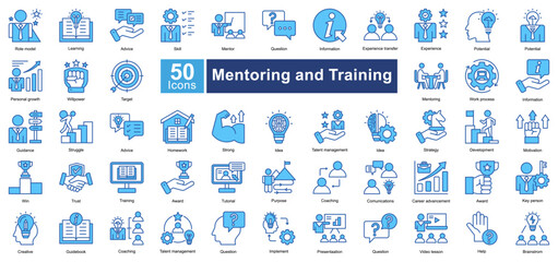 Mentoring and Training icon set in Blue Color style, representing learning, coaching, leadership, and career growth. Perfect for education, corporate training, and professional development.