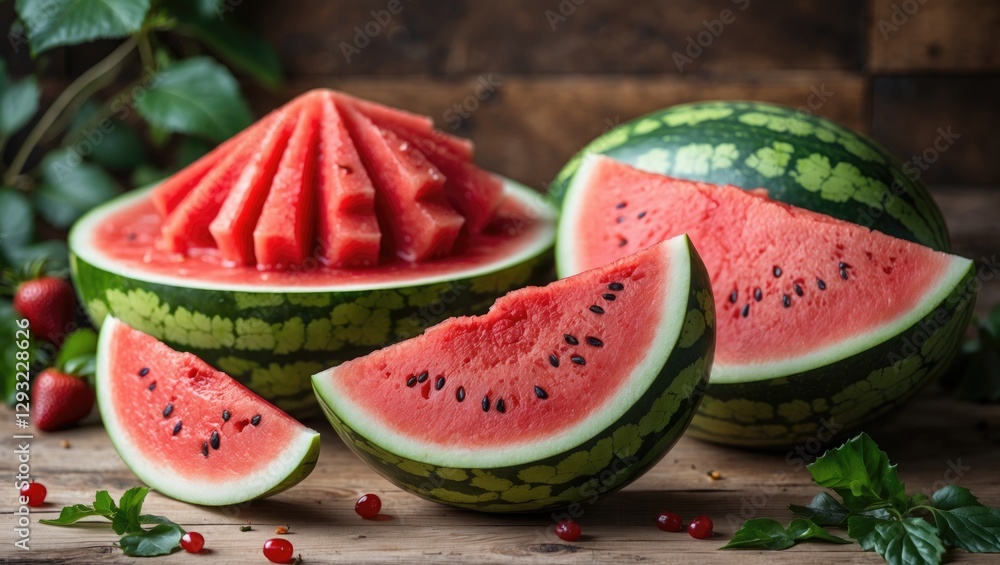 Aufkleber freshly cut watermelon with juicy red flesh and empty space for text on rustic wooden background