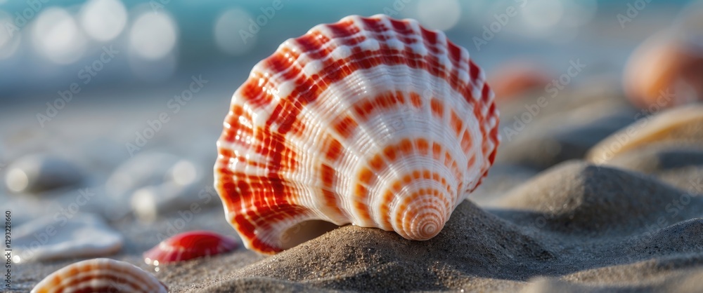 Poster vibrant red seashell resting on sandy beach with gentle waves in the background creating a serene co