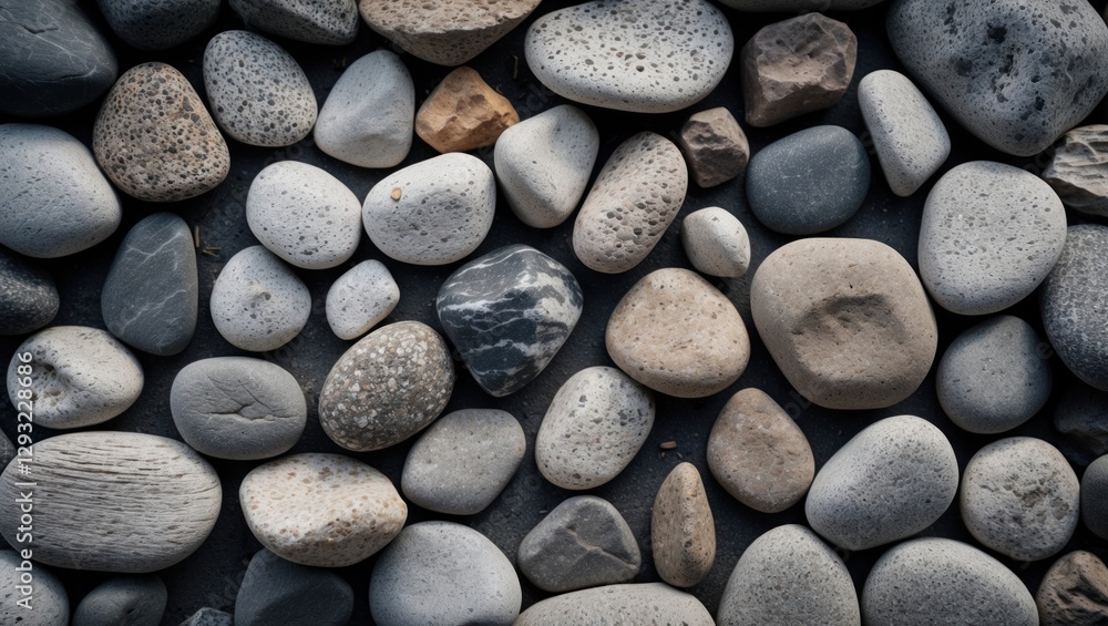 Poster textured composition of assorted stones in various shapes and shades arranged on a flat surface for 