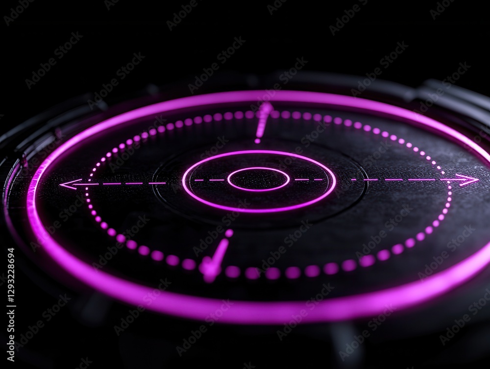 Poster futuristic interface with glowing purple circular patterns against a dark background.