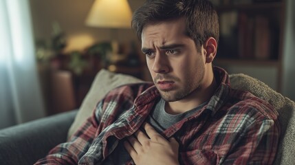 Young man with chest pain, holding his hand on the heart area while sitting on a home sofa in the living room. Closeup photo of a male feeling sick and having a medical health issue