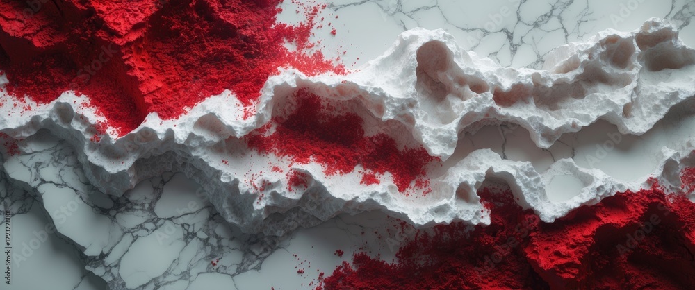Poster textured white marble surface with vibrant red powder creating an artistic contrast and dynamic comp