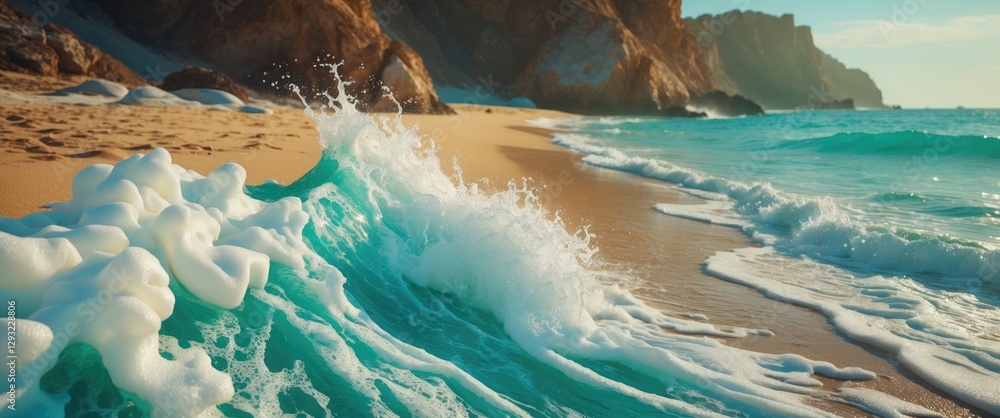 Poster dynamic ocean waves crashing on golden sand beach with turquoise waters capturing summer vibes and r