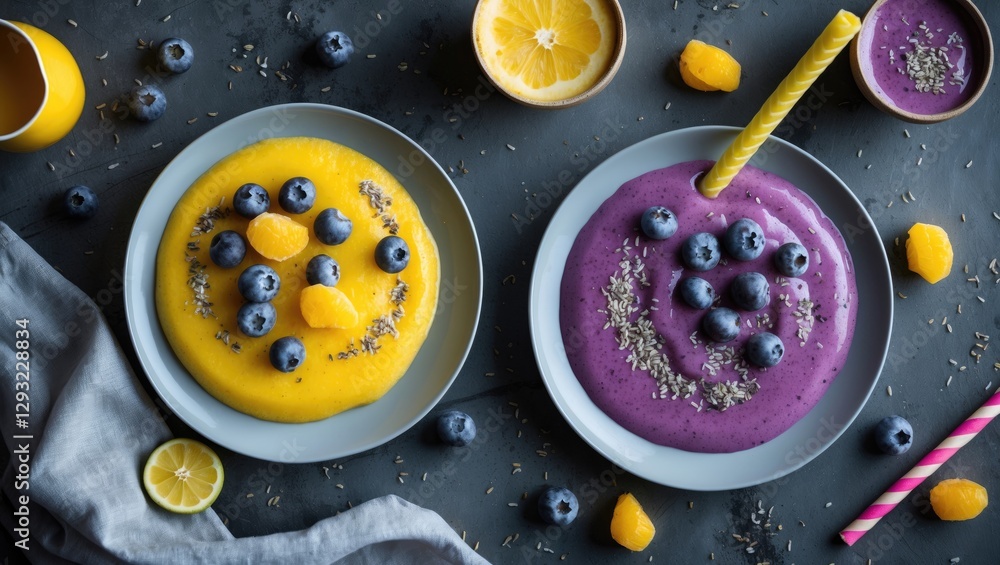 Poster vibrant top view of two colorful smoothie bowls with fresh fruits and empty space for text on dark b