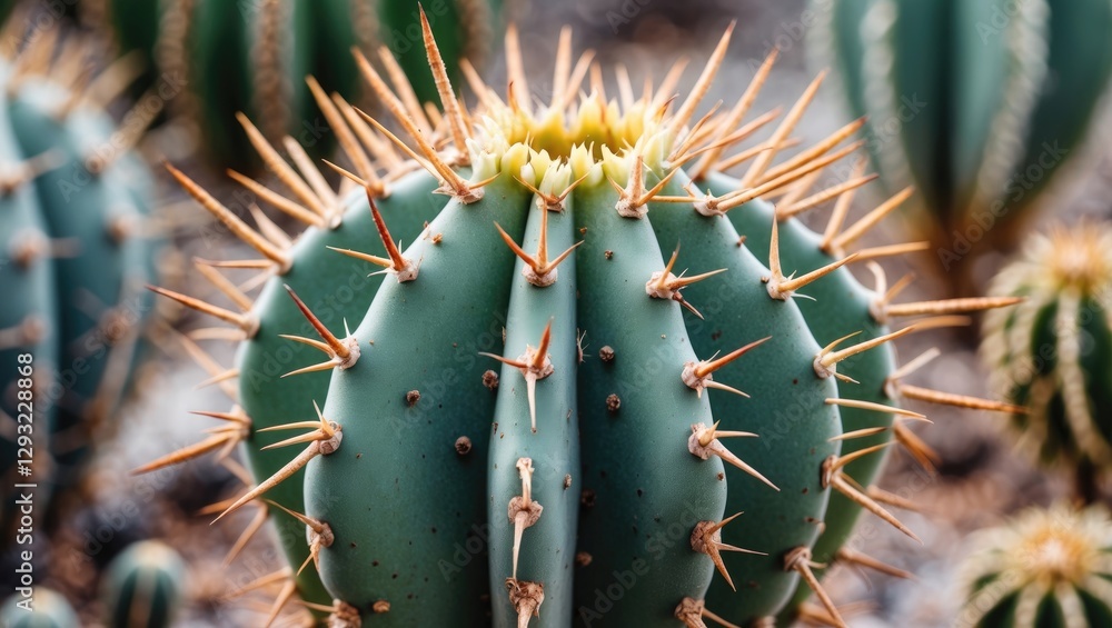Poster cactus close-up featuring sharp thorns and textured surface in natural landscape setting