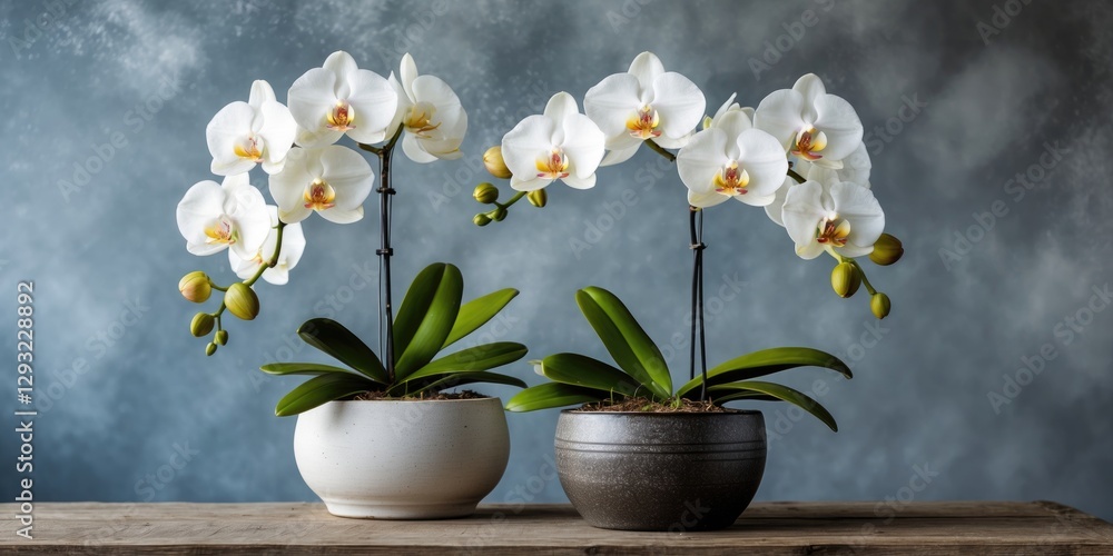 Poster elegant white orchids in decorative pots against a soft background with space for text or branding c