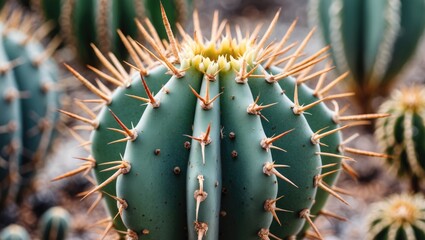 Cactus Close-Up Featuring Sharp Thorns and Textured Surface in Natural Landscape Setting