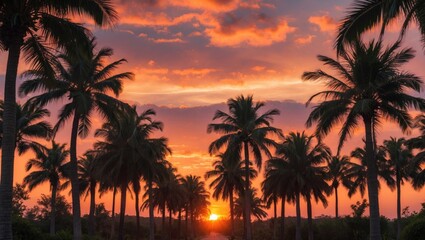 Obraz premium Vibrant Sunset Illuminates Palm Trees with Rich Colors and Dramatic Sky in Tropical Landscape Scene