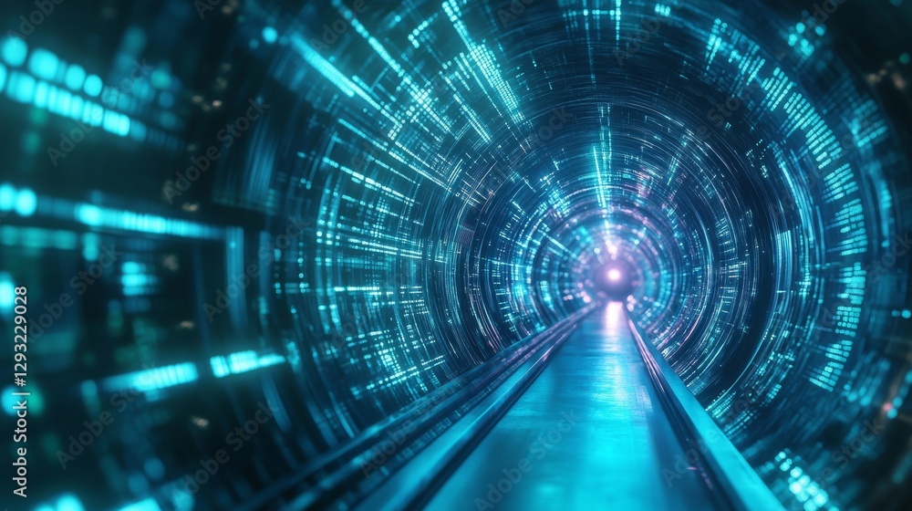 Poster futuristic digital tunnel with glowing blue lights and data streams, abstract sci-fi technology. inn