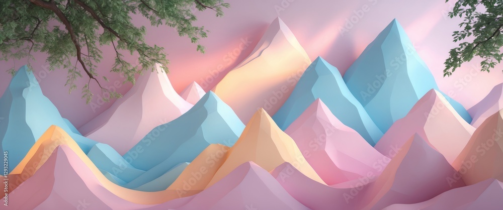 Aufkleber pastel mountain landscape with soft light and tree branches ideal for backdrops and text placement i