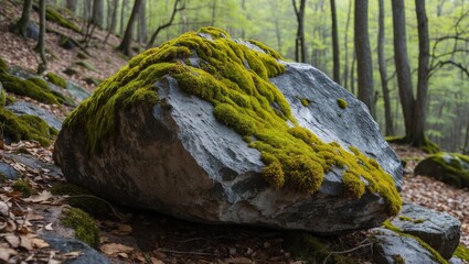 Mossy rock in a tranquil forest setting surrounded by greenery and fallen leaves, showcasing nature's resilience and beauty.