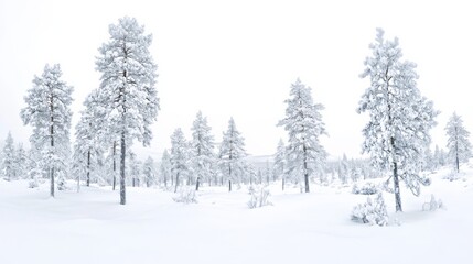 Obraz premium Snowy forest in Lapland, a serene winter wonderland of tranquility and purity.