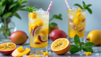 Fototapeta premium Refreshing Mango Passion Fruit Lemonade with Mint Garnish and Fresh Fruits on Table