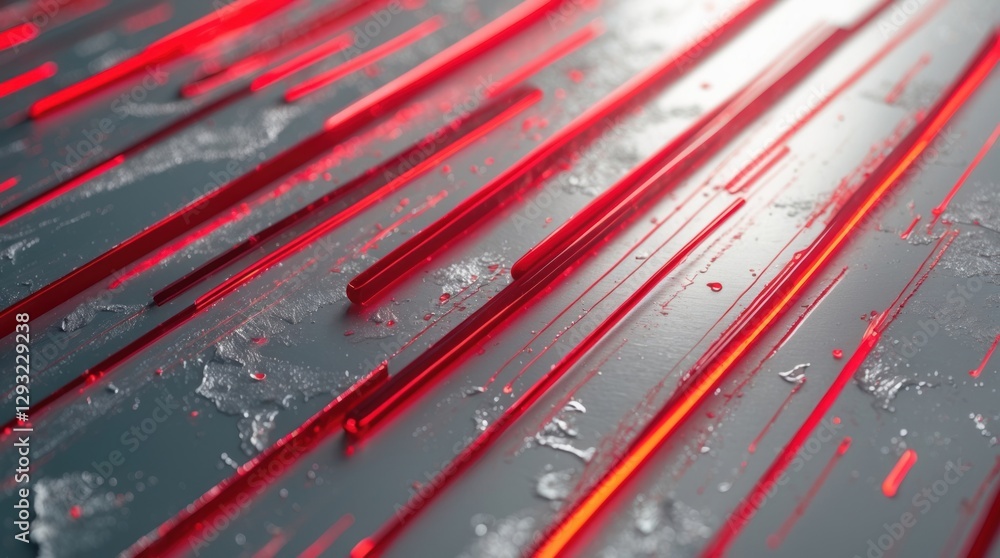 Poster red abstract lines on a metallic silver surface with glistening water droplets creating a dynamic an