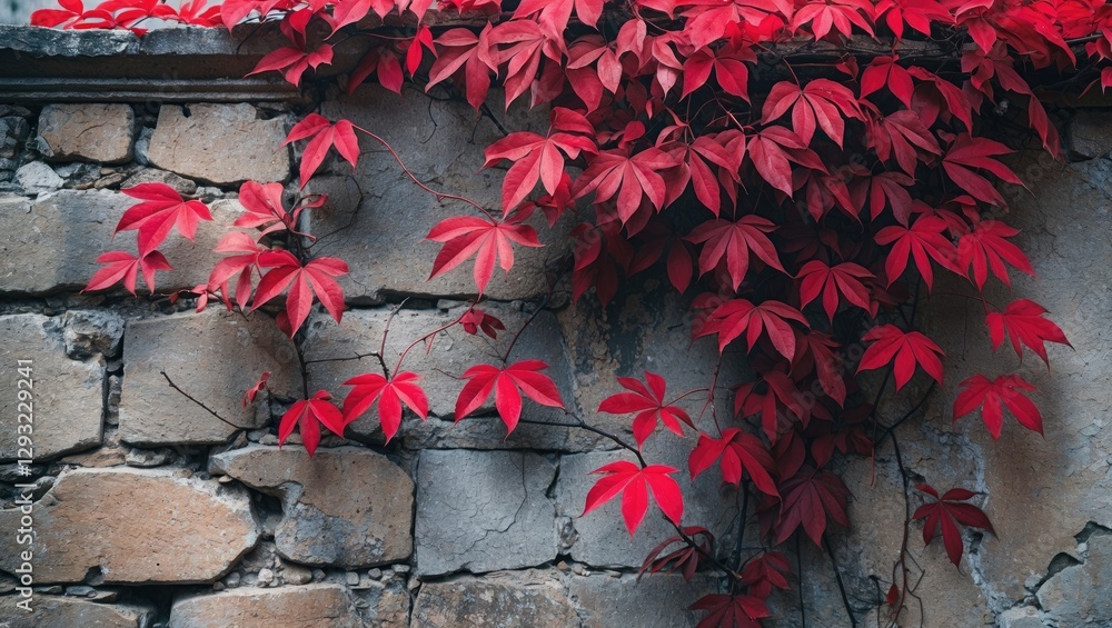 Poster vibrant red creeper leaves cascading over an aged stone wall creating a striking contrast of color a