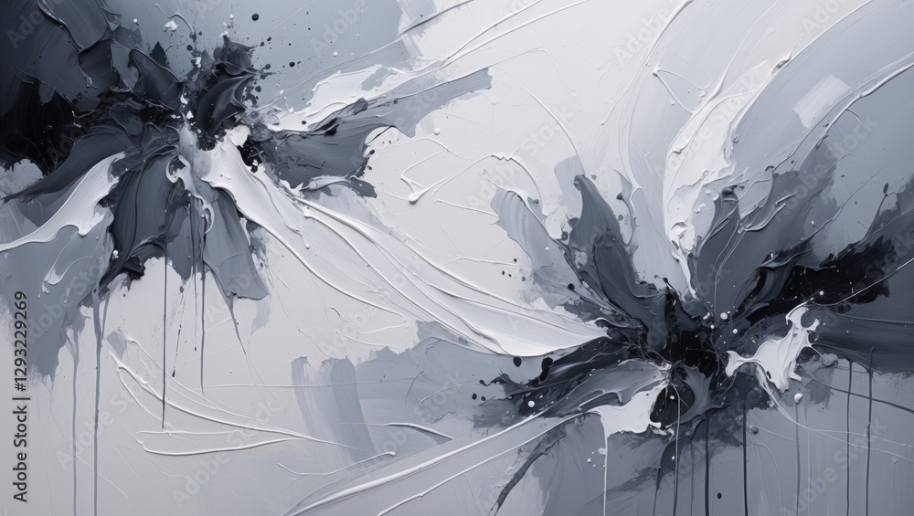 Poster elegant white and grey abstract oil painting featuring dynamic textures and fluid forms creating a m