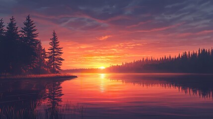 Obraz premium A Fiery Sunset with Orange and Red Hues Over a Calm Lake, Featuring Silhouetted Evergreen Trees on the Shoreline and a Reflection of the Setting Sun on the Water.