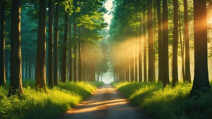 Fototapeta premium Sunlight Streams Through Lush Trees Creating Serenity on a Peaceful Forest Path Inviting Nature Walks with Space for Text Overlay