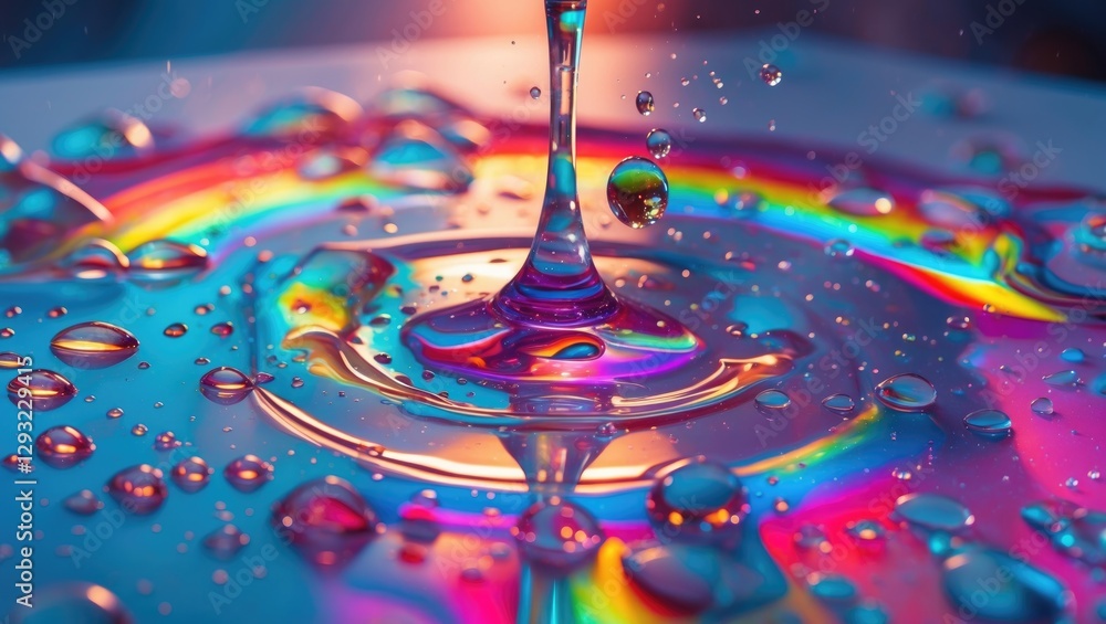 Poster colorful droplets of water creating a rainbow effect on a glass surface with vivid reflections and i