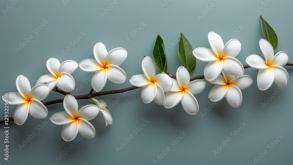 Poster delicate white plumeria flowers arranged horizontally with empty copy space for custom text backgrou