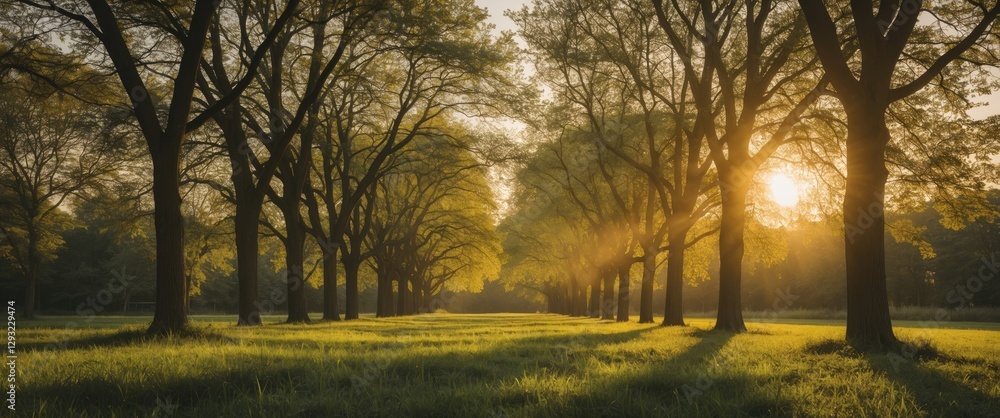 Aufkleber serene sunlit forest pathway with majestic trees and vibrant greenery creating a tranquil atmosphere