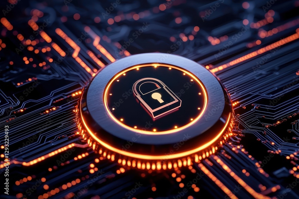 Aufkleber futuristic lock symbol on a digital circuit background representing cybersecurity.