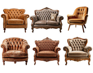Armchair set isolated on transparent background, A modern and  Vintage inspired furniture comfortable armchair transparent background