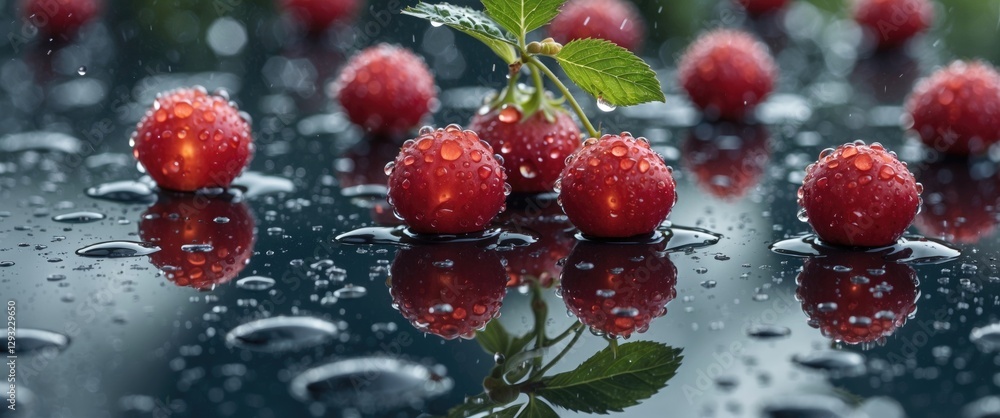 Poster berries glimmering with rain droplets reflected on a wet surface ideal for text overlay and nature-t