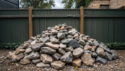 Piled Natural Stone Rocks in Front of a Wooden Fence Creating an Outdoor Landscape Feature with Greenery