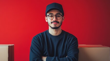 Obraz premium Smart Delivery Driver Smiling Confidently Against Red Background with Boxes