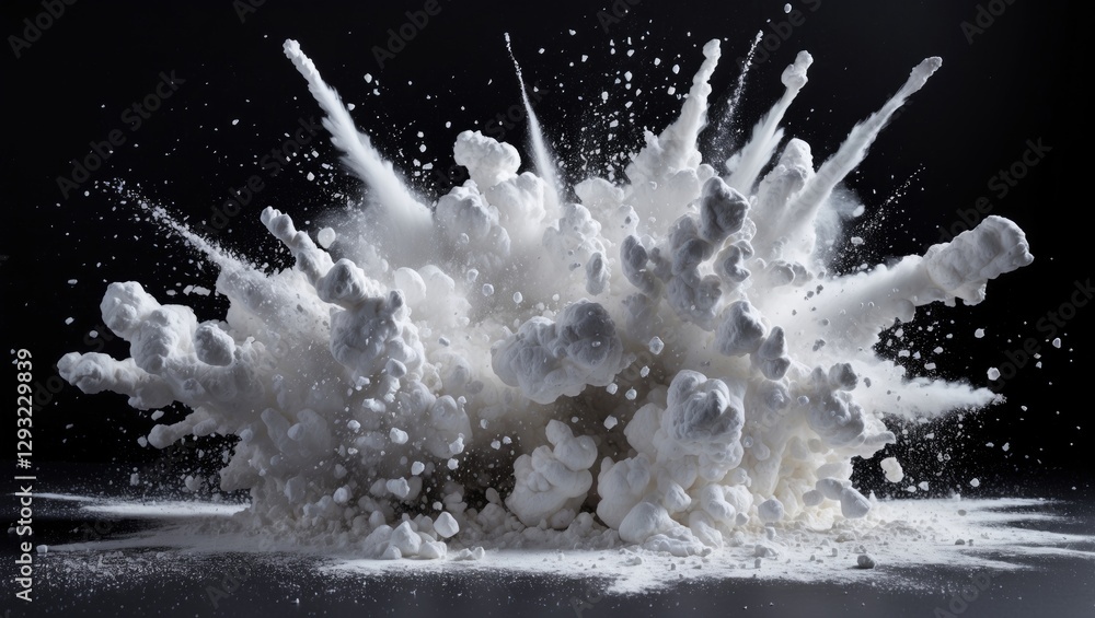 Poster dynamic explosion of white powder creating a dramatic visual effect on a dark background, ideal for 
