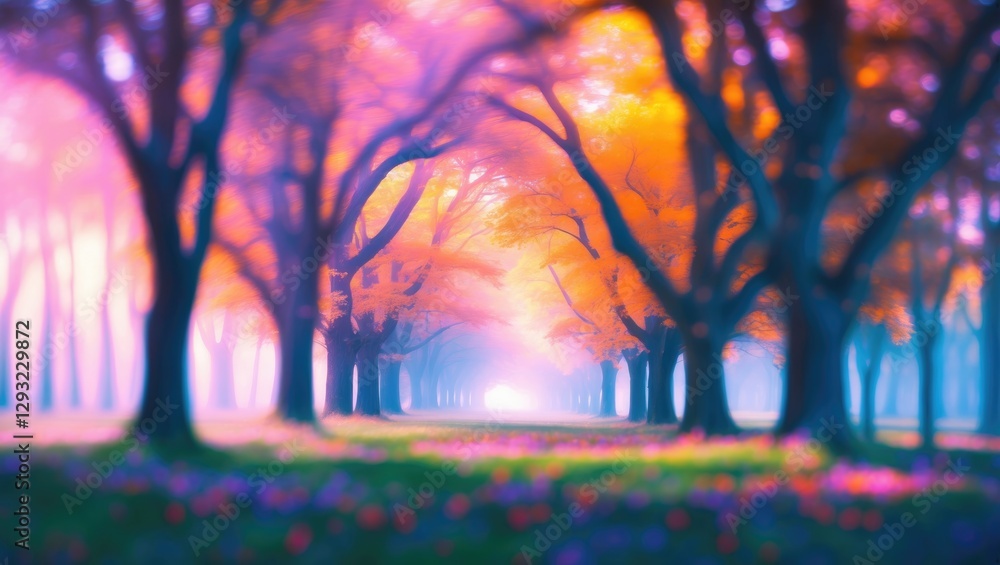 Poster serene forest pathway with blurred trees and soft golden light creating a dreamlike atmosphere durin