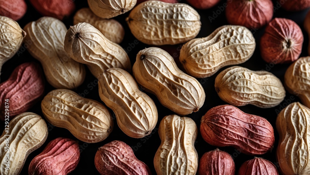 Poster organic peanuts with red skin and beige shells displayed in closeup arrangement on a dark background