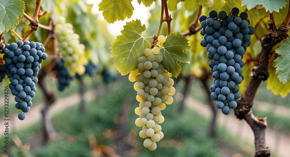 Poster white and blue grapes on vines in a vineyard with lush green background and blank space for text ins