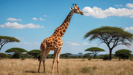Majestic Giraffe Stands Gracefully Against a Bright Blue Sky in a Serene African Savanna Landscape