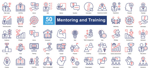 Mentoring and Training icon set in Dual Tone style, representing learning, coaching, leadership, and career growth. Perfect for education, corporate training, and professional development.