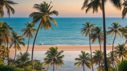Fototapeta premium Breathtaking Beach Landscape with Vibrant Colors, Serene Sea and Lush Palm Trees at Sunset, Perfect for Travel and Nature Themes.