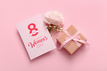 Greeting card with beautiful flowers and gift box on pink background. International Women's Day celebration