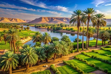 Nile River Valley Agriculture: Lush Palm Groves & Fertile Fields in Egypt
