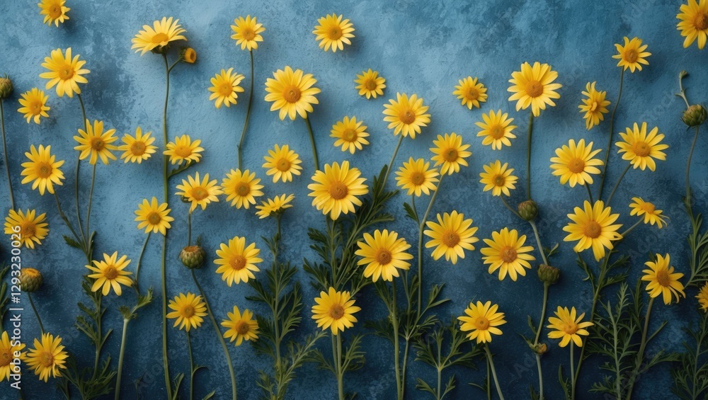 Poster yellow daisy flower field on blue background with empty space for text in a vibrant nature-inspired 