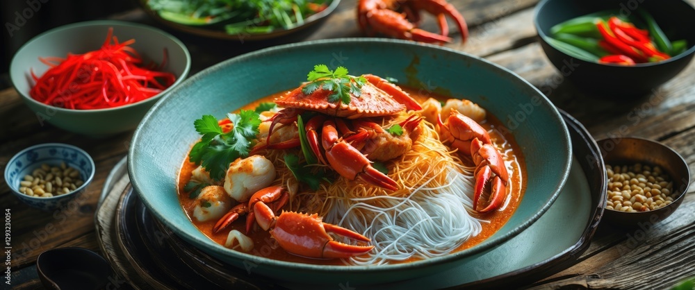 Poster delicious crab meat red curry with rice vermicelli and colorful garnishes on rustic table background