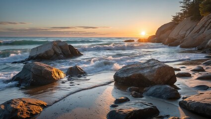Serene Beach Sunrise Over Rocks With Gentle Waves And Clear Skies Ideal For Text Overlay Or Inspirational Quotes