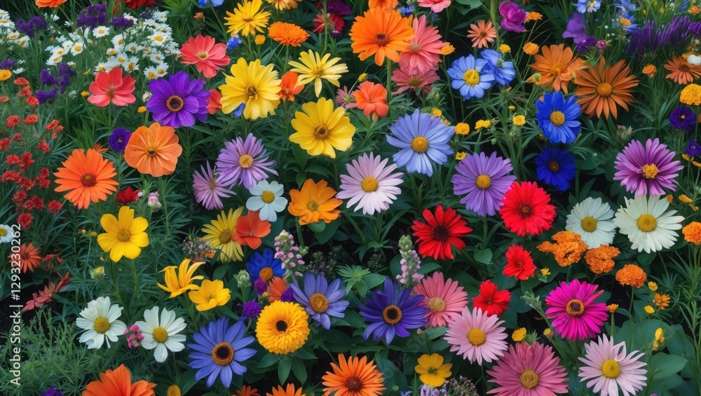 Poster vibrant summer flower field showcasing a diverse array of colorful blooms in full bloom creating a l