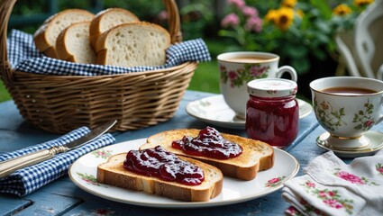Breakfast Table Setting with Toasts and Jam in Garden, Featuring Coffee, Sliced Bread Basket, Vintage Cups, and Checked Napkins.