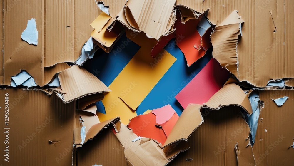 Poster torn cardboard background revealing colorful sheets with ample copy space for creative design or pro